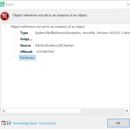 Error dialog box in Trados Studio with message 'Object reference not set to an instance of an object.' and details including Type, Source, and HResult.