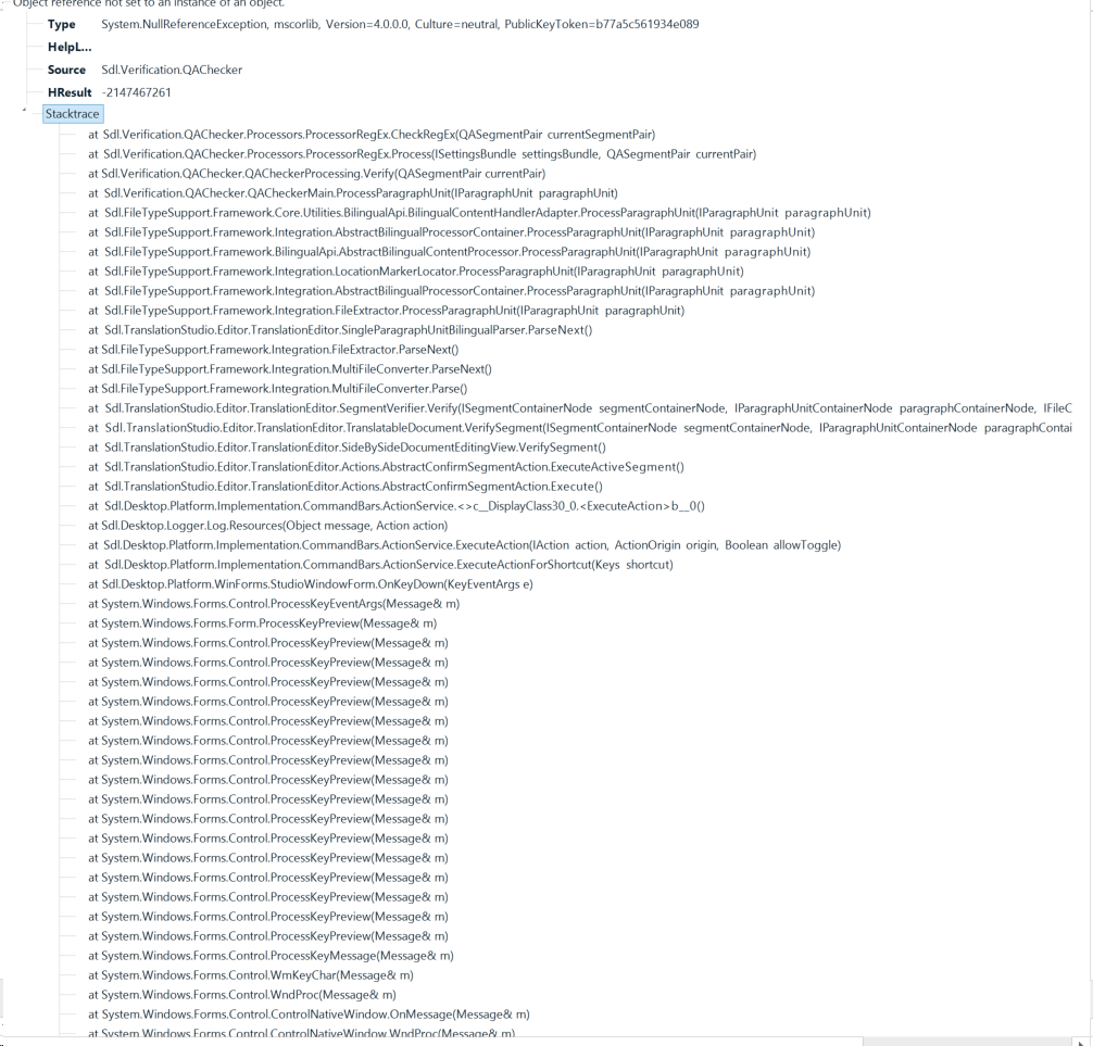 Screenshot of Trados Studio error message displaying 'Object reference not set to an instance of an object.' followed by a stack trace detailing the source of the error within various processes and methods.