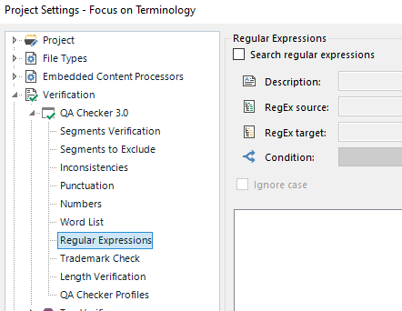 Trados Studio Project Settings window with focus on Verification tab, showing QA Checker 3.0 expanded and Regular Expressions option selected. On the right, Regular Expressions settings are visible with checkboxes for Search regular expressions, Description, RegEx source, RegEx target, Condition, and Ignore case.