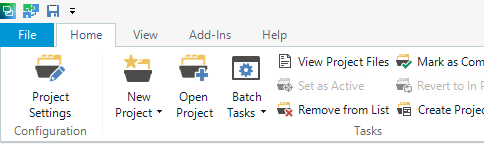 Screenshot of Trados Studio Project view with Home tab active, displaying options such as New Project, Open Project, and Batch Tasks.