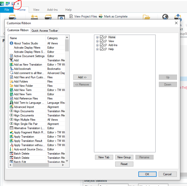 Screenshot of Trados Studio Customize Ribbon window, listing various commands like Add New Translation and Batch Delete.