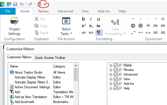 Screenshot of Trados Studio with an error icon on the Review tab in the Customize Ribbon window.