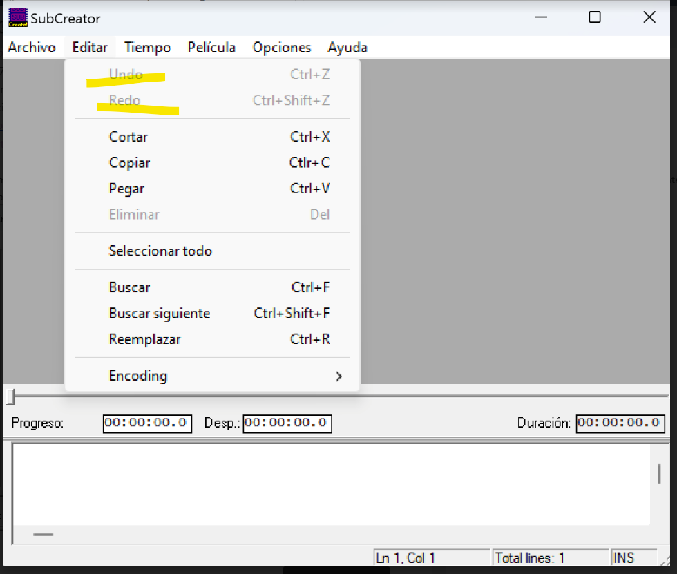 Screenshot of SubCreator software with greyed-out 'Undo' and 'Redo' options in the 'Editar' menu, indicating they are not selectable.