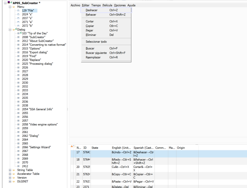 Screenshot of Trados Studio with a list of localizable strings from SubCreator software, showing 'Undo' and 'Redo' options as translated into Spanish but marked as non-editable.