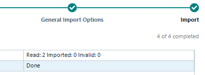 Trados Studio import summary showing 2 items read, 0 items imported, and 0 invalid items.