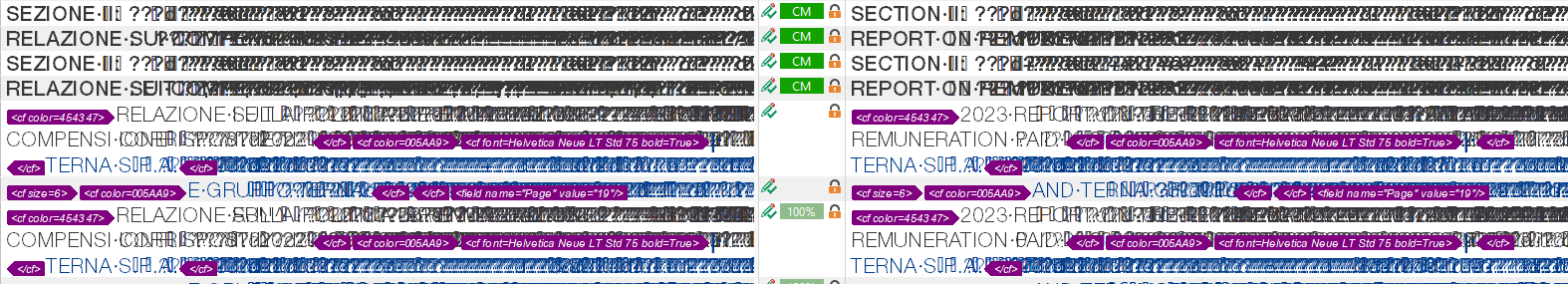 Screenshot of Trados Studio with corrupted text display, showing overlapping and unreadable text with HTML-like tags visible.