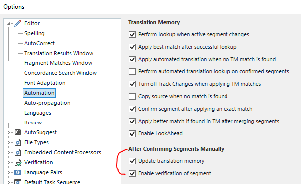 Trados Studio options menu showing 'Update translation memory' checked under 'After Confirming Segments Manually' with a red circle highlighting the option.
