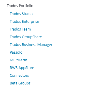 Screenshot showing a list of Trados Portfolio products including Trados Studio, Trados Enterprise, Trados Team, Trados GroupShare, Trados Business Manager, Passolo, MultiTerm, RWS AppStore, Connectors, and Beta Groups.