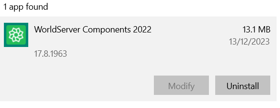 Screenshot showing '1 app found' with 'WorldServer Components 2022' version 17.8.1963 installed, size 13.1 MB, date 13122023, with options to Modify or Uninstall.