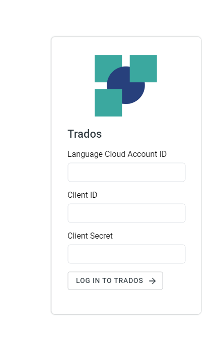 Login page for Trados with fields for Language Cloud Account ID, Client ID, and Client Secret, with a 'Log in to Trados' button.