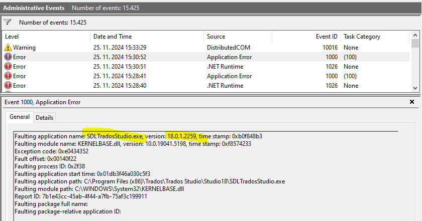 Screenshot of Windows Event Viewer with a list of errors and warnings. Highlighted error for SDLTradosStudio.exe with faulting module KERNELBASE.dll and exception code 0xe0434352.