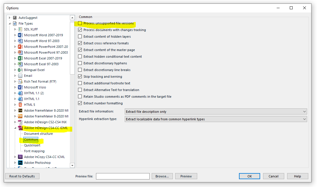 Screenshot of Adobe InDesign CS4-CC IDML file type options with 'Process unsupported file versions' checkbox checked.