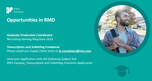 Promotional image for RWS Campus with text 'Opportunities in RMD' detailing positions for Graduate Production Coordinator and Transcription and Subtitling Freelancer.