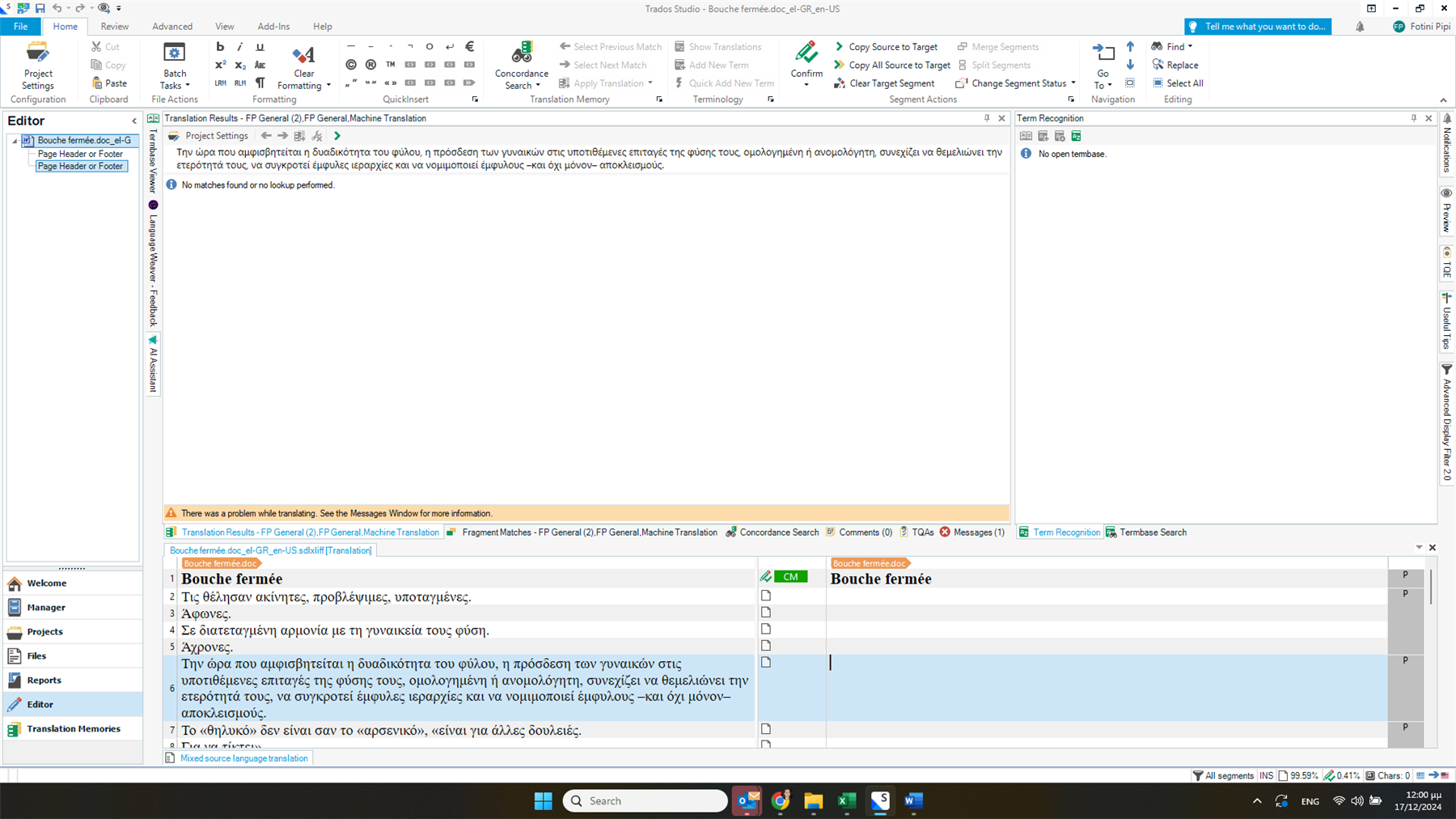 Screenshot of Trados Studio interface showing an error message 'There was a problem while translating. See the Messages Window for more information.'