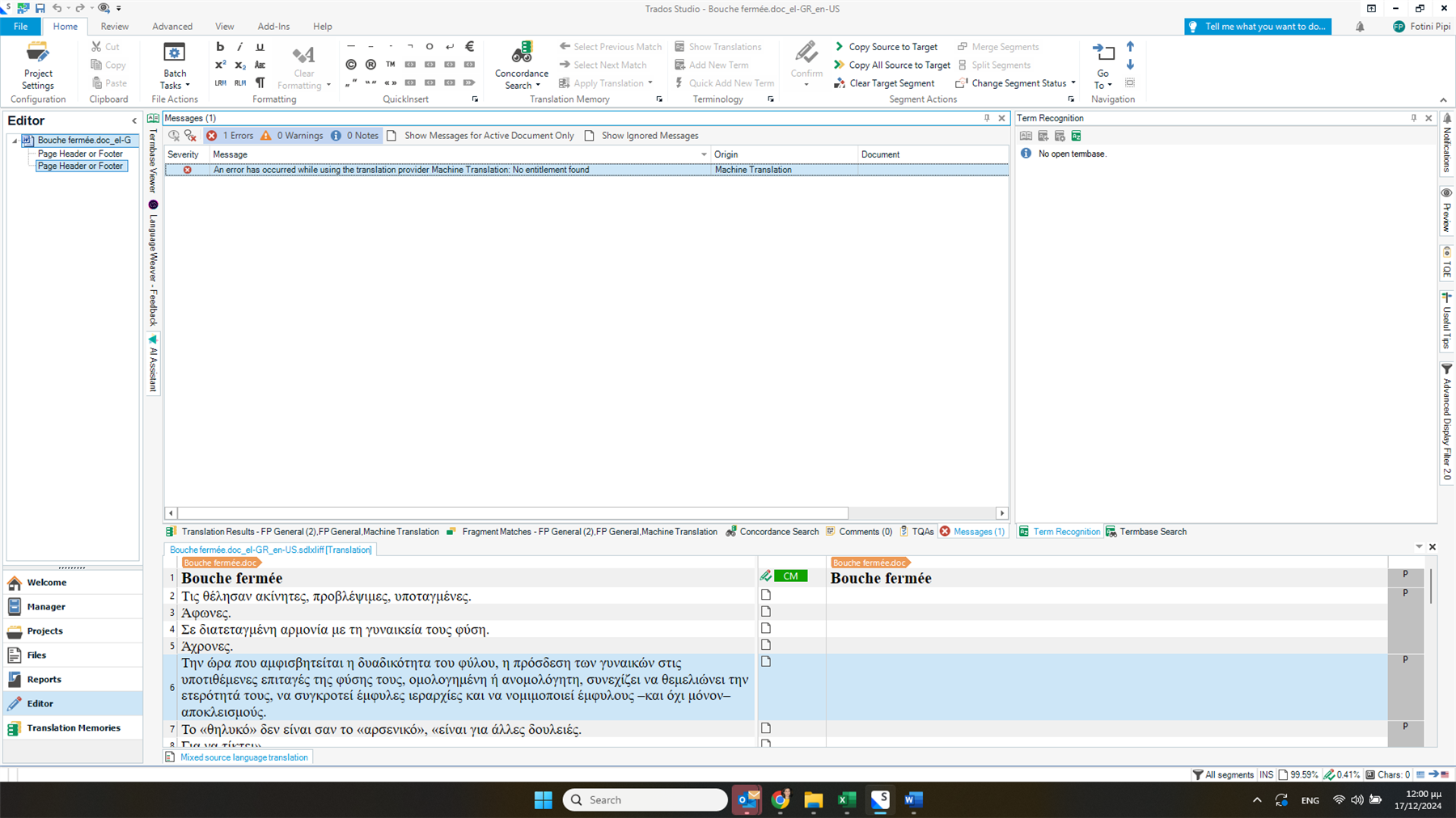 Screenshot of Trados Studio with the Messages window open, displaying the error 'An error has occurred while using the translation provider Machine Translation: No entitlement found.'