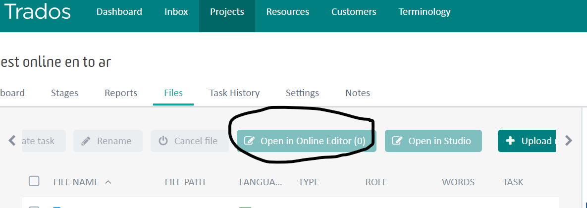 Trados Dashboard showing the 'Open in Online Editor' tab greyed out and unclickable, indicating it is not available for use.