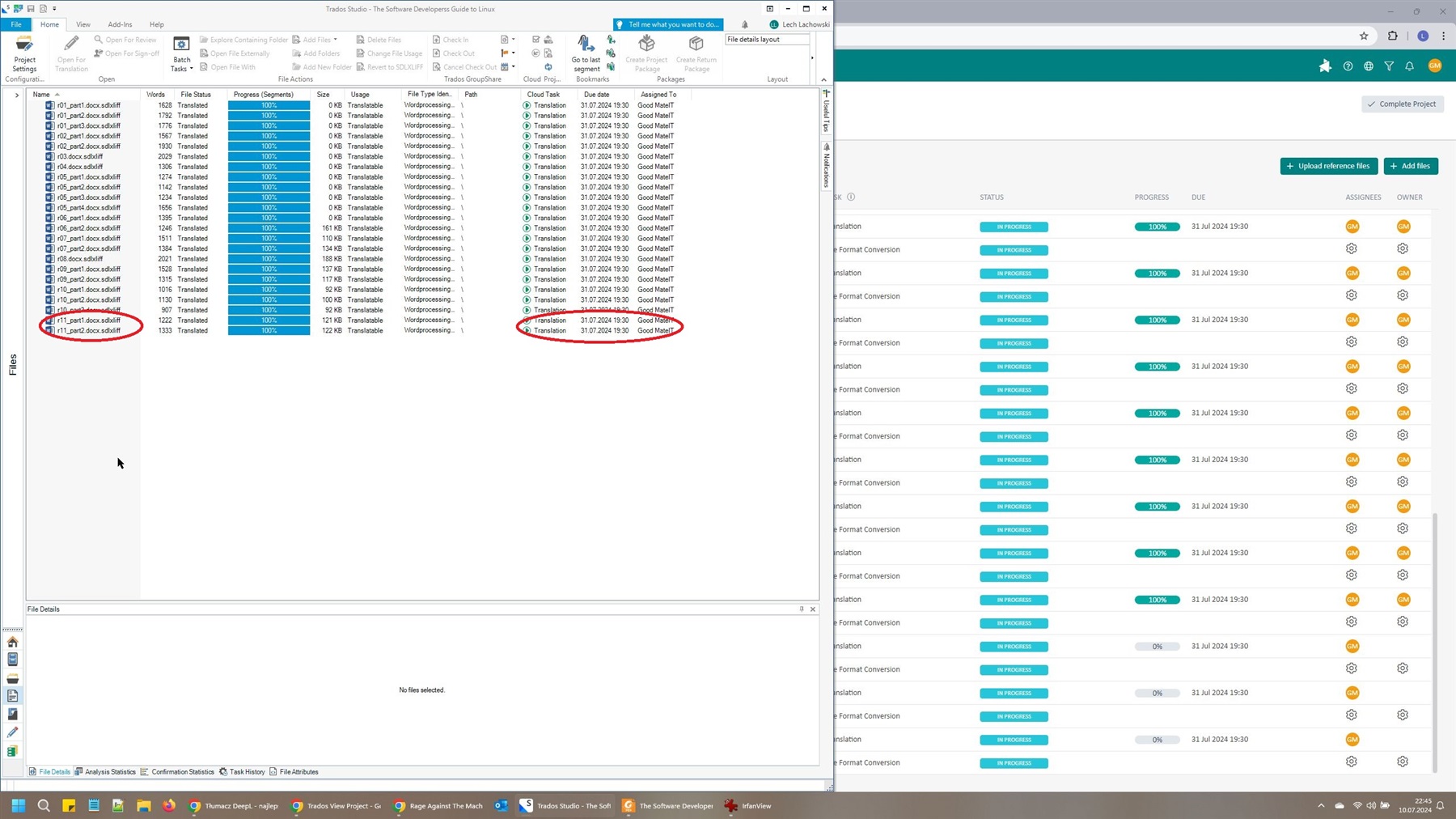 Screenshot of Trados Studio with two windows open. The left window shows files with 100% progress, while the right window shows the same files with 0% progress, indicating a synchronization issue.