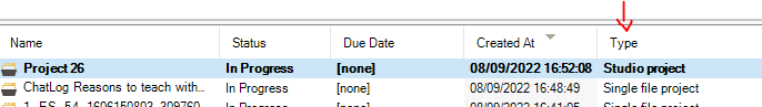 Trados Studio project list showing 'Project 26' as 'In Progress' with a 'Studio project' type, highlighted by a red arrow.
