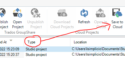 Trados Studio project list with an arrow pointing to 'Type' column indicating 'Studio project'.