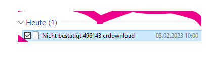 Screenshot showing an unconfirmed download file named '496143.download' with a timestamp of 03.02.2023 10:00 under the 'Today' section.