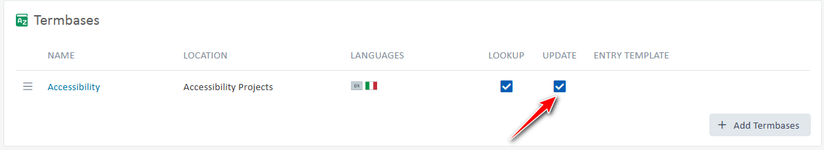 Screenshot of a Termbases management interface with a row titled 'Accessibility' under 'NAME', and 'Accessibility Projects' under 'LOCATION'. Languages are indicated by flags, English and Italian. 'LOOKUP' and 'UPDATE' checkboxes are ticked. A red arrow points to the 'UPDATE' checkbox.