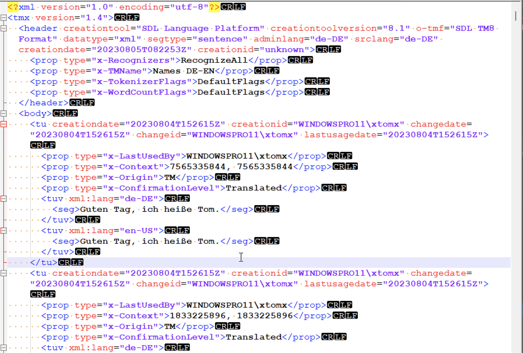 Screenshot of Trados Studio TMX file showing 'prop type' tags without highlighted errors, but missing context information in 'x-Context' tag.