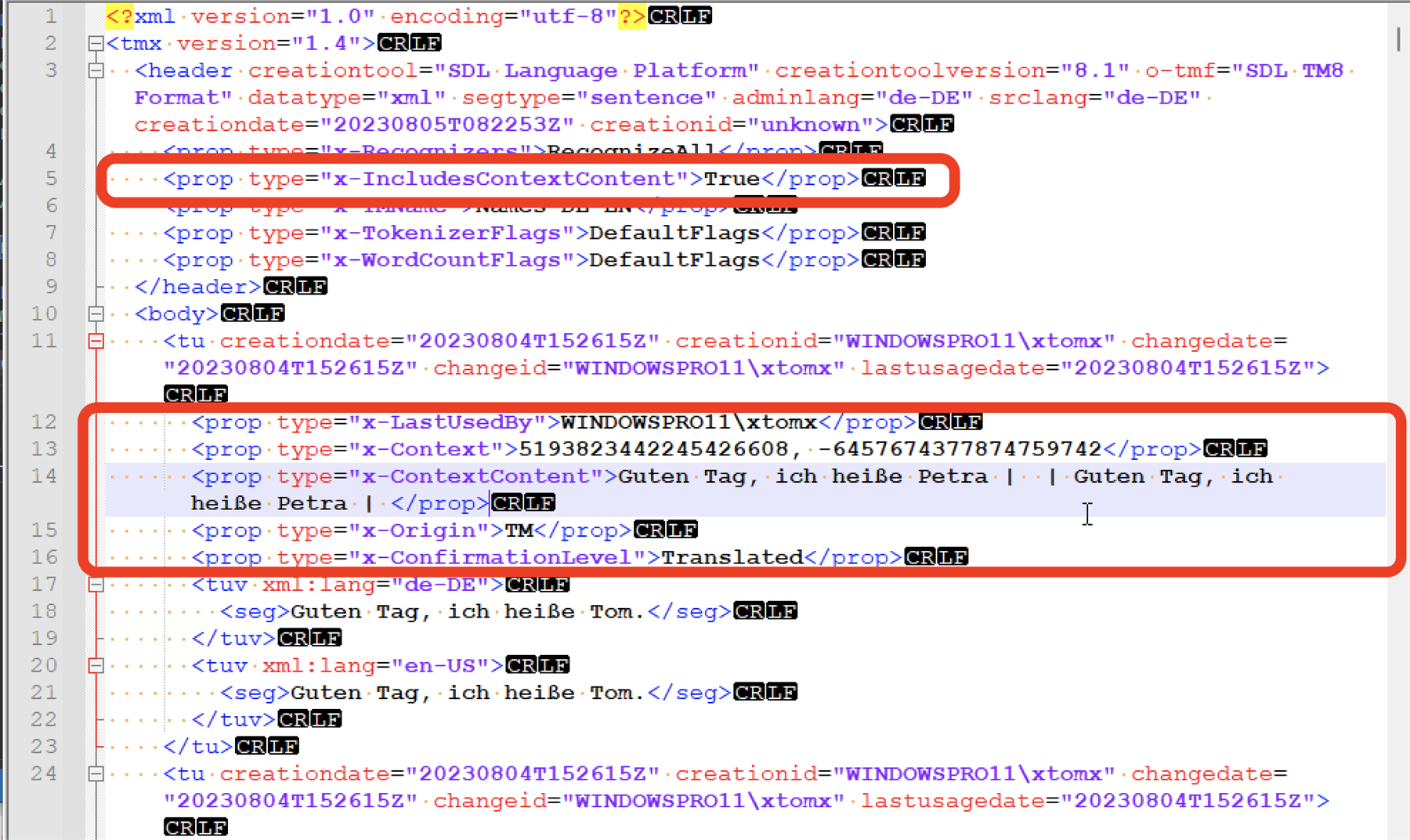 Screenshot of Trados Studio TMX file with highlighted sections showing 'prop type' tags including 'x-IncludesContextContent' set to 'True' and 'x-ContextContent' with missing context information.