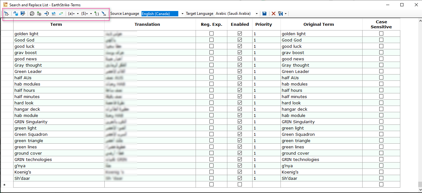 Trados Studio Search and Replace List showing terms and translations with options for regular expressions, enabling, priority, and case sensitivity.