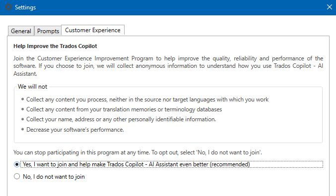 Settings dialog box with Customer Experience tab selected, showing options for the Trados Copilot Customer Experience Improvement Program. 'Yes' option is selected to join and help improve the AI Assistant.