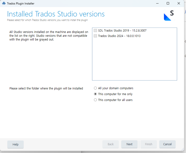 Screenshot of Trados Plugin Installer showing Installed Trados Studio versions with two versions listed: SDL Trados Studio 2019 - 15.2.8.3007 and Trados Studio 2024 - 18.0.0.1013. Options to select installation folder and user scope are present but no error message is visible.