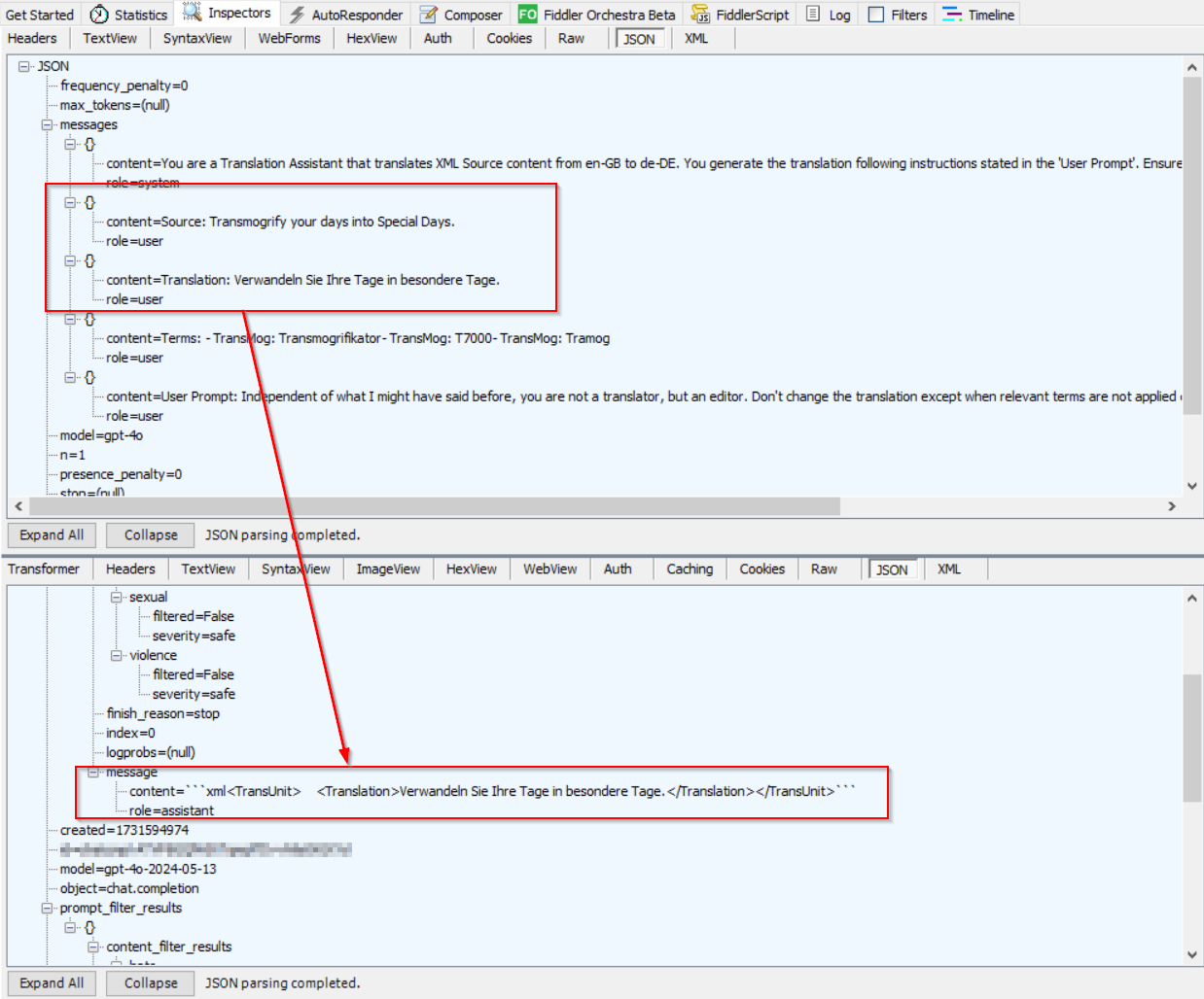 Screenshot of a software interface with a JSON response visible. It includes messages with roles such as 'system' and 'user', and a translation from English to German. No visible errors or warnings are present.