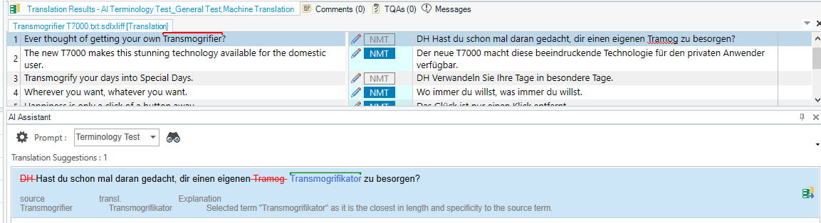 Screenshot of a translation software interface showing a list of English sentences and their German translations with AI suggestions. The term 'Transmogrifier' is highlighted with a suggestion 'Transmogrifikator'.