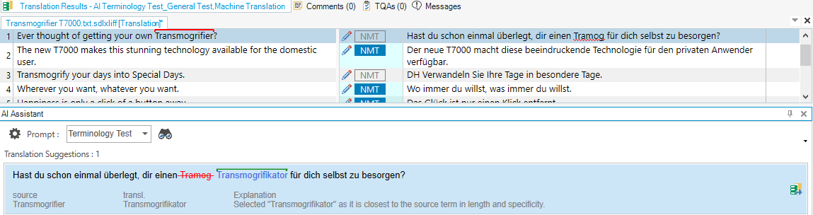 Screenshot of the same translation software interface with the term 'Transmogrifier' highlighted. The AI Assistant suggests 'Transmogrifikator' as a translation, with an explanation below.