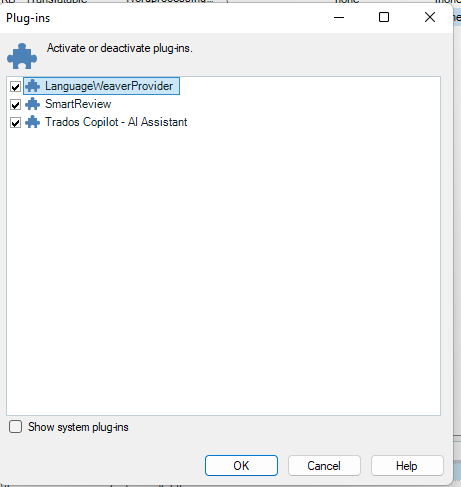 Screenshot of a plug-ins window with options to activate or deactivate plugins. Listed plugins include LanguageWeaverProvider, SmartReview, and Trados Copilot - AI Assistant.