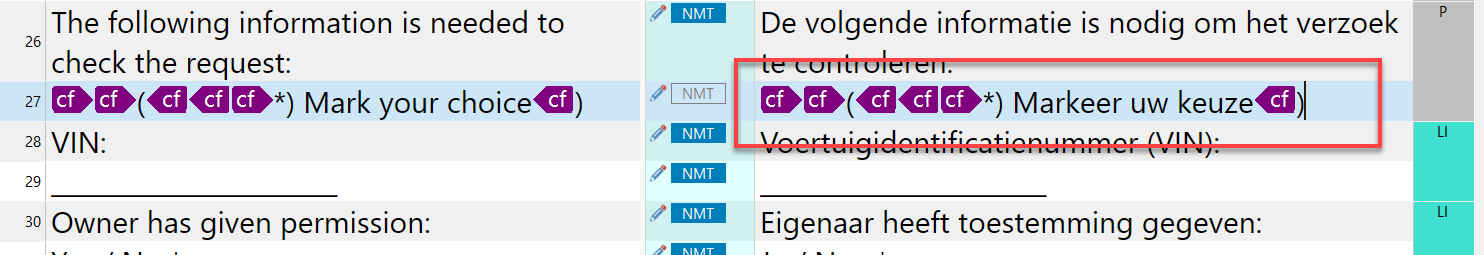 A screenshot showing a bilingual text editor with English and Dutch text. Inline tags are visible in purple, and a segment is highlighted with a red box.
