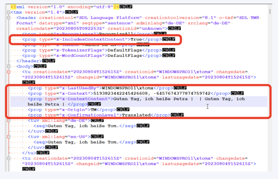 Screenshot of Trados Studio XML code with highlighted properties including 'x-IncludesContextContent' set to 'True' and 'x-Context' with segment pair level information.