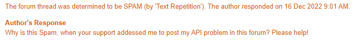 Forum message indicating a thread was marked as spam due to text repetition, with a response from the author asking for help.