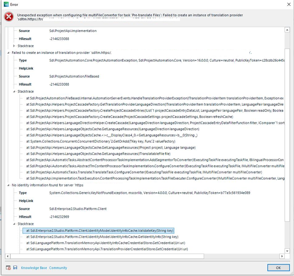 Error message in Trados Studio stating 'Unexpected exception when configuring file MultiFileConverter for task: Pre-translate Files'. It mentions a failure to create an instance of translation provider 'sdltm.http:servername.com'.