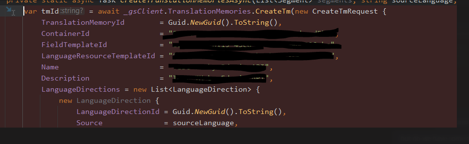 Code snippet showing an asynchronous task in C# to create a translation memory using GroupShareKit with various parameters such as TranslationMemoryId and LanguageDirections.