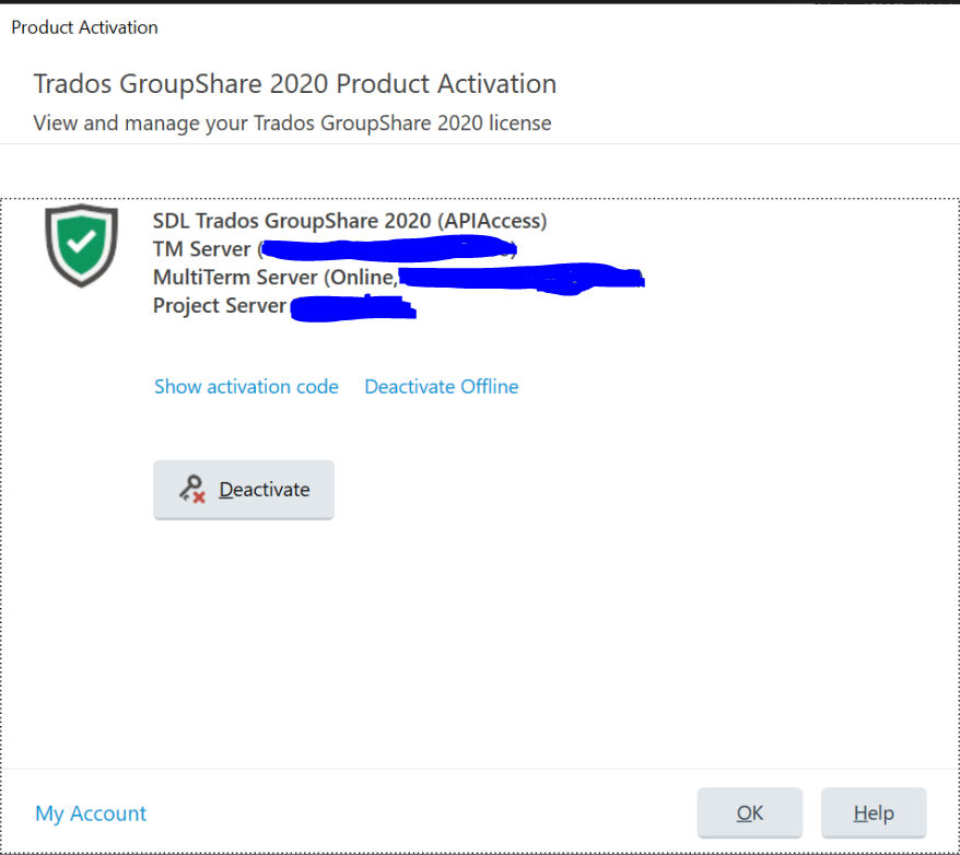 Screenshot of Trados GroupShare 2020 Product Activation page showing successful API access activation for TM Server and MultiTerm Server with an option to deactivate.