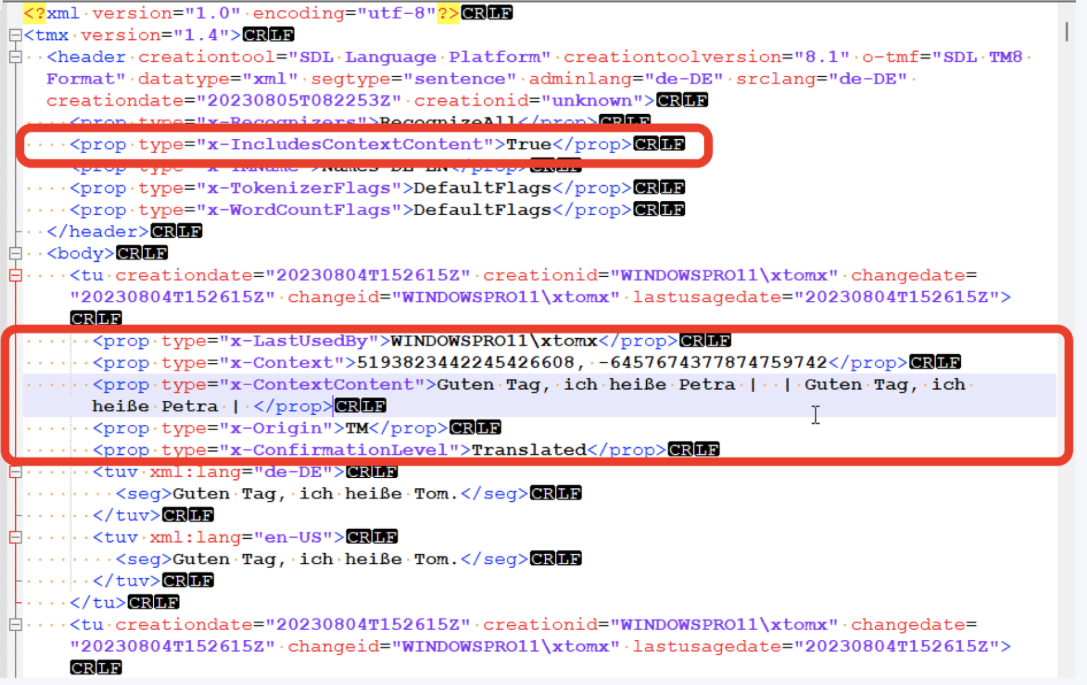 Screenshot of Trados Studio TMX code with highlighted section showing missing context information after export from a server TM.