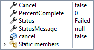 Screenshot showing a properties window with a list of properties for a process. The properties include Cancel set to false, PercentComplete at 0, Status marked as Failed, StatusMessage as null, and cancel set to false.