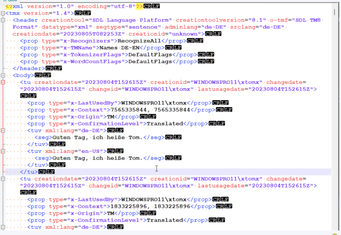 Screenshot of Trados Studio TMX code with no visible errors or warnings, context information appears to be present.