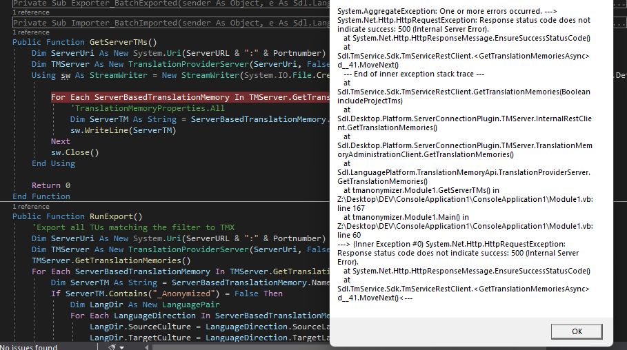 Screenshot of Trados Studio code with an error message popup indicating 'System.AggregateException: One or more errors occurred. --- System.Net.Http.HttpRequestException: Response status code does not indicate success: 500 (Internal Server Error).'