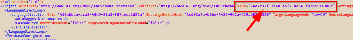 Screenshot showing XML code of a Trados Studio project file with a highlighted Guid attribute, indicating an attempt to update the project ID.