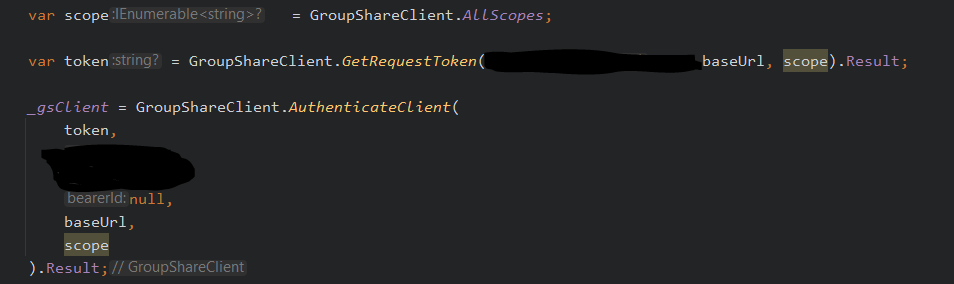 Code snippet in C# showing instantiation of a GroupShare client with a token obtained from GroupShareClient.GetRequestToken method and passed to GroupShareClient.AuthenticateClient method.