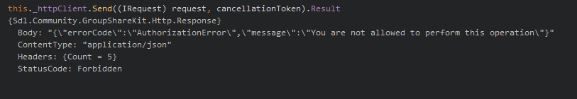 Error message in a JSON format response from GroupShareKit HTTP client indicating 'Forbidden' status with an 'AuthorizationError' and message 'You are not allowed to perform this operation'.