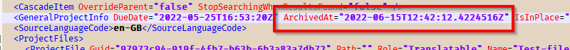 Screenshot of Trados Studio's XML editor showing an error with the 'ArchivedAt' attribute highlighted in a red box, indicating it is not allowed in the .sdlproj file.