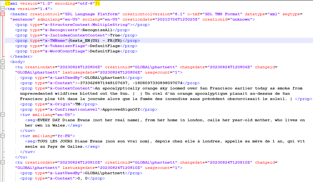 Screenshot of Trados Studio XML code with highlighted text showing 'x-ContextContent' and 'x-StructureContext:MultipleString' properties.