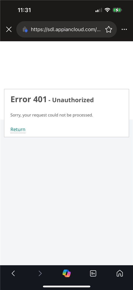 Mobile browser screenshot displaying 'Error 401 - Unauthorized' message with text 'Sorry, your request could not be processed.' and a 'Return' button.